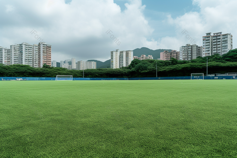 多云的天空下绿色草地足球场户外运动操场摄影图,高清,摄影图,摄影图片,图片大全,摄影图免费下载